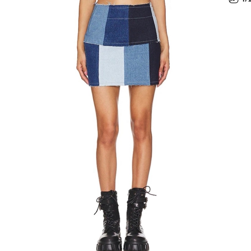 Y2K Denim Patchwork Mini Skirt, Raw Edges, Fraying, Side Zipper - Size M to L